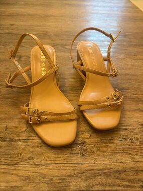 Anne Klein Tan Strappy Ankle Buckle Mid-Heel Sandals